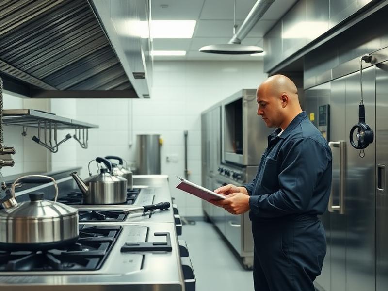 Technikus nagyüzemi konyha főzőgépeit ellenőrzi